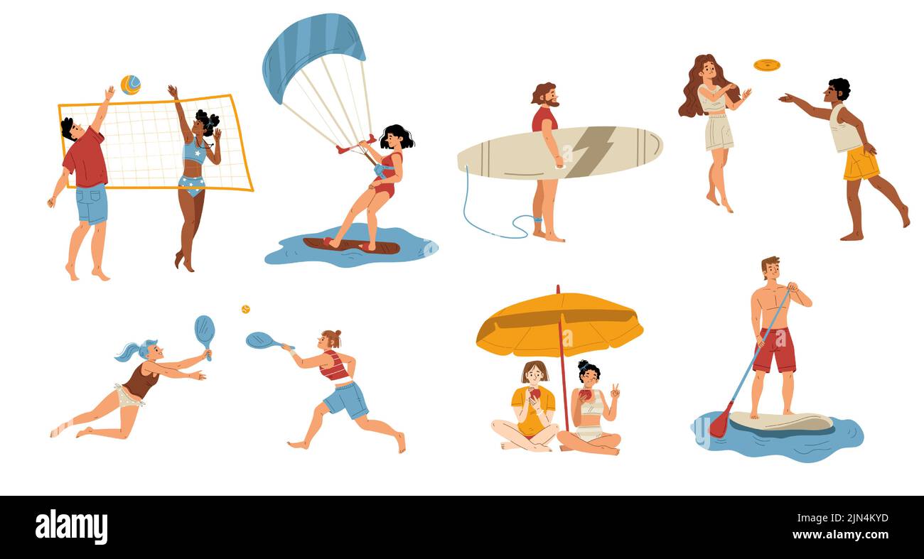 Jóvenes que tienen descanso activo en la playa plana conjunto de carácter aislado sobre blanco. Ilustración vectorial de hombres y mujeres felices jugando voleibol, frisbee, tenis, surf, paddle boarding. Vacaciones de verano Ilustración del Vector