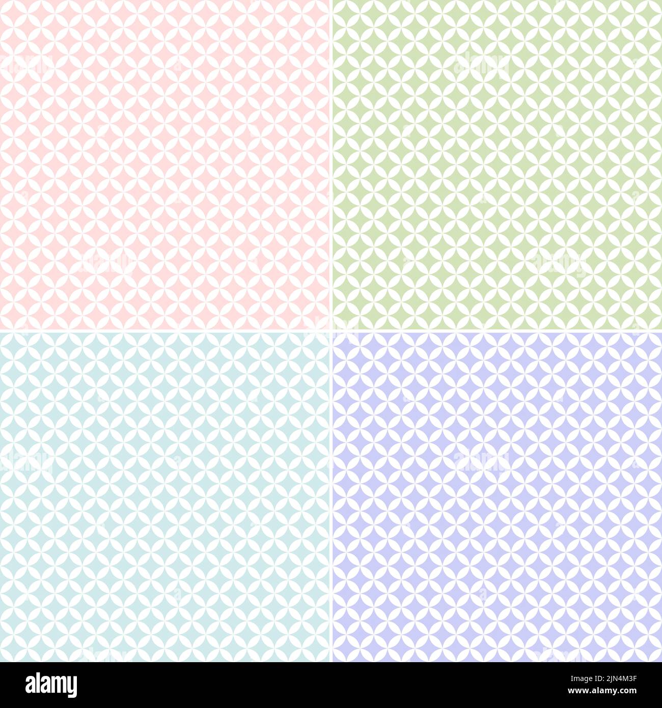 Diseños sin costuras de formas geométricas en diferentes colores pastel sobre blanco. Cuatro fondos abstractos de alta resolución. Foto de stock