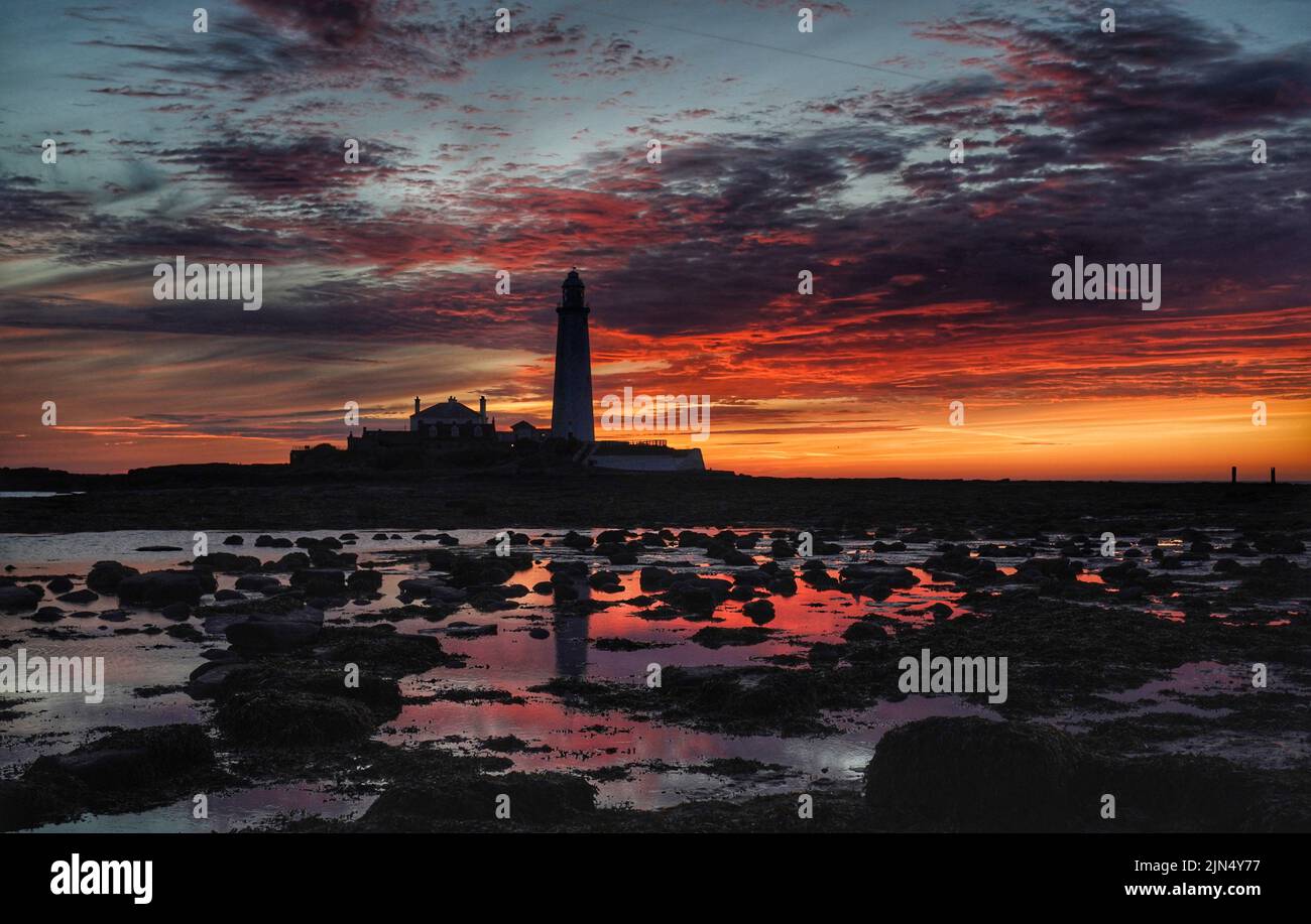 Un cielo naranja justo antes del amanecer en el faro de St Mary en Whitley Bay. Fecha de la foto: Martes 9 de agosto de 2022. Foto de stock