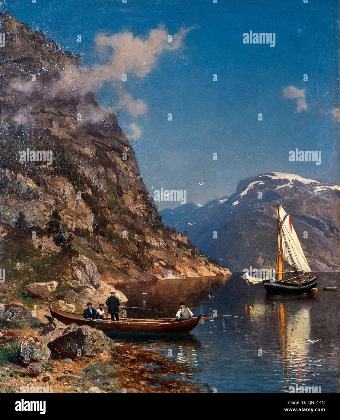 Morten Muller, Paisaje del fiordo, pintura al óleo sobre lienzo, 1877 Foto de stock