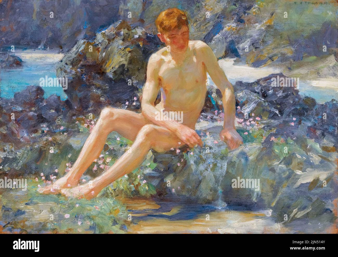 Henry Scott Tuke, desnudo en las rocas, pintura al óleo sobre panel, 1927 Foto de stock