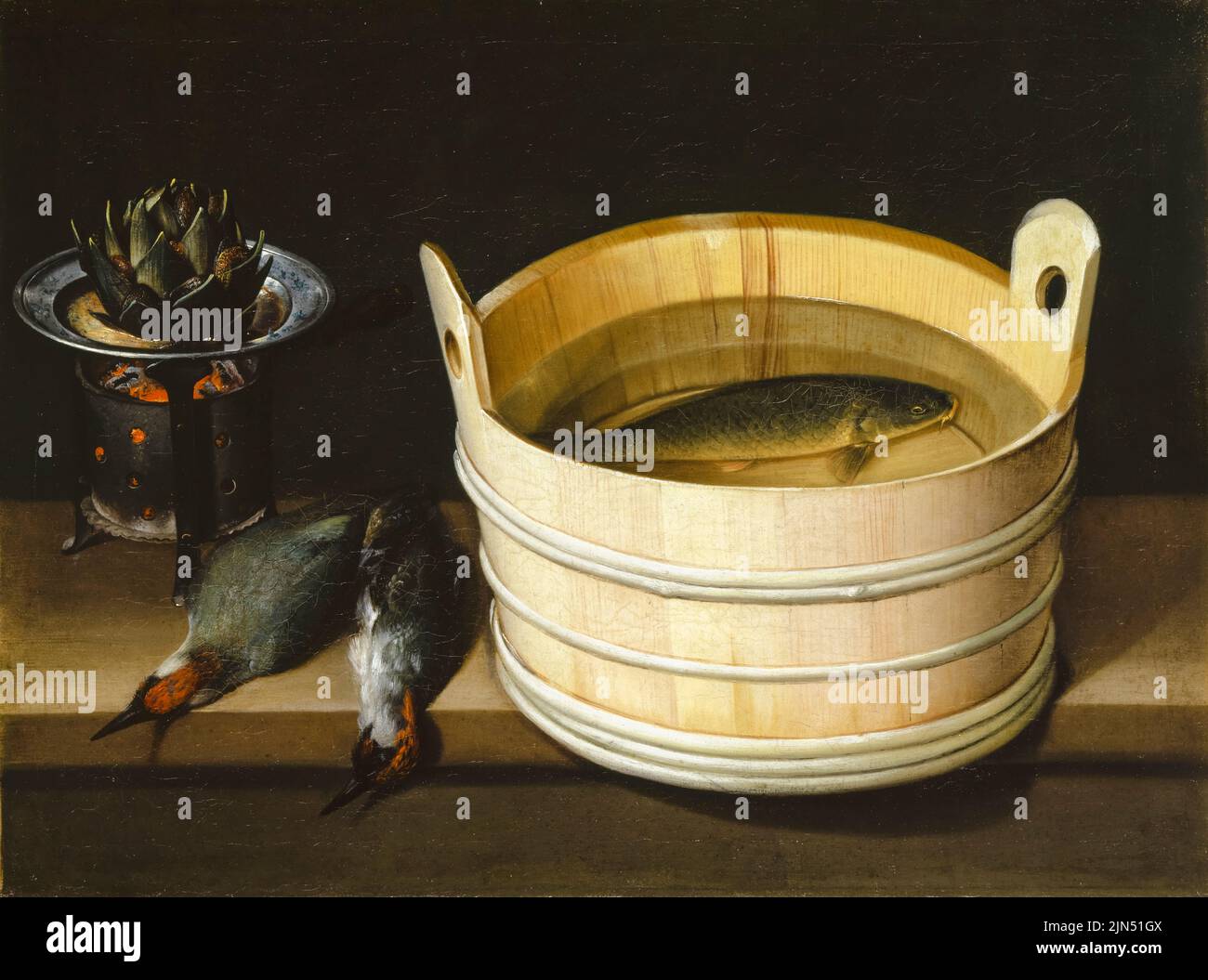 Sebastian Stoskopff, estufa Ember con alcachofas, carpinteros verdes y bañera de agua con carpa, pintura de bodegones al óleo sobre lienzo, antes de 1657 Foto de stock