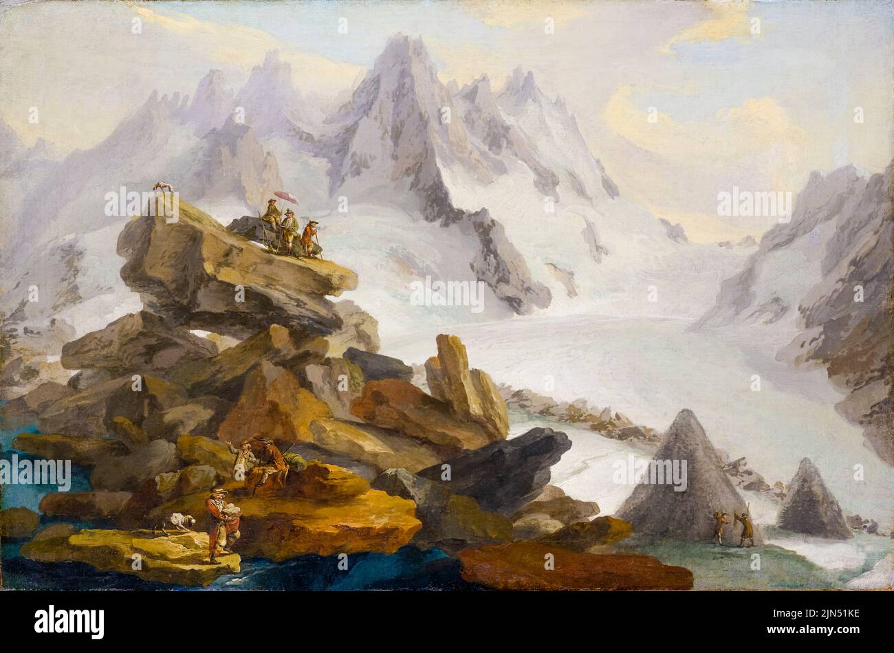 Caspar Wolf, Glaciar Lauteraar, pintura de paisajes al óleo sobre lienzo, 1776 Foto de stock
