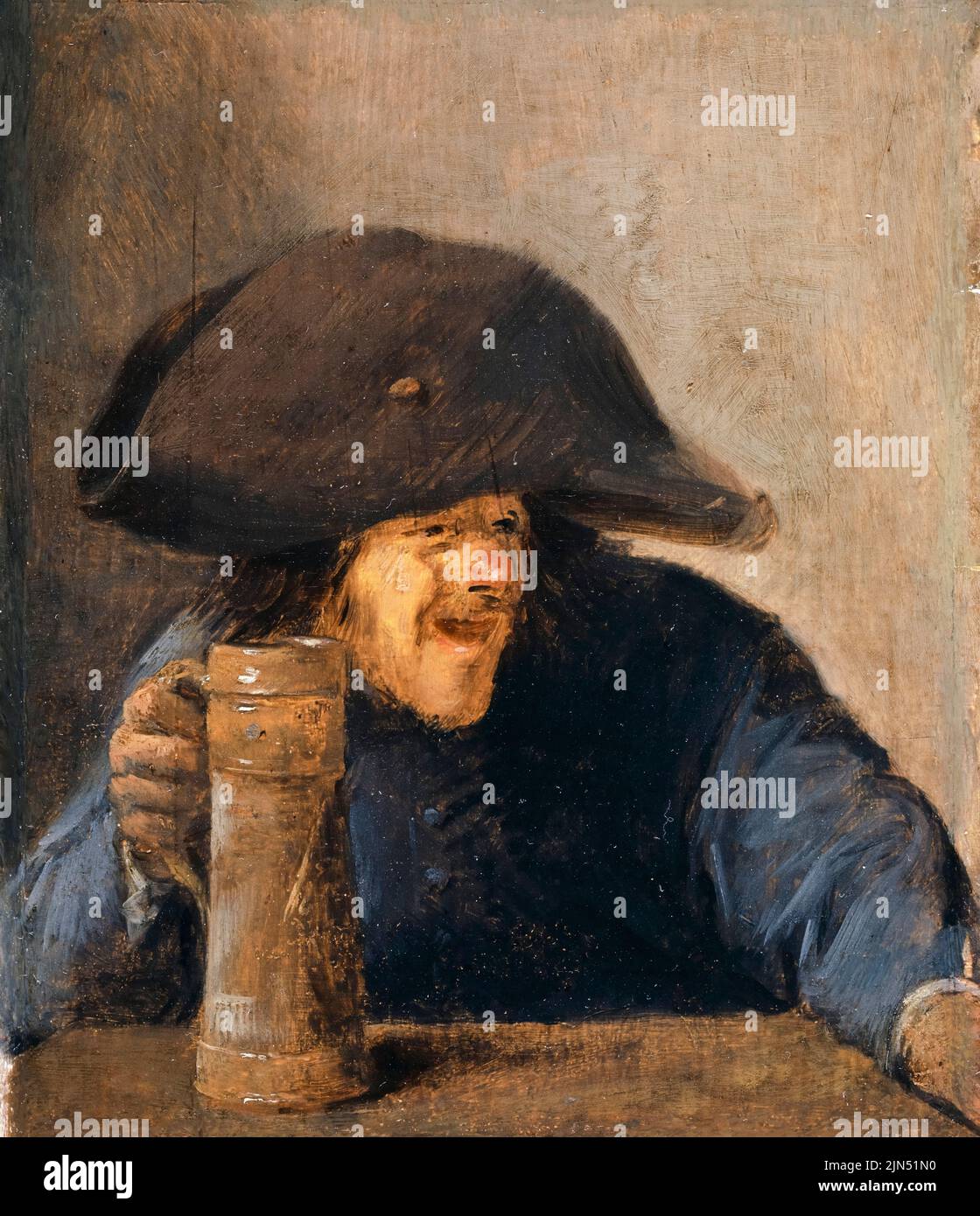 Adriaen Brouwer, Campesino con Sombrero Bicorne y Tankard, pintura al óleo sobre panel de roble, 1630-1639 Foto de stock