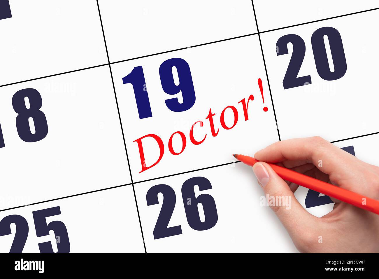19th día del mes. ESCRIBIR a mano el texto MÉDICO en la fecha del calendario. Doctor Healthcare Programa Médico Concepto de Cita. Fecha del médico en el calendario. Día Foto de stock