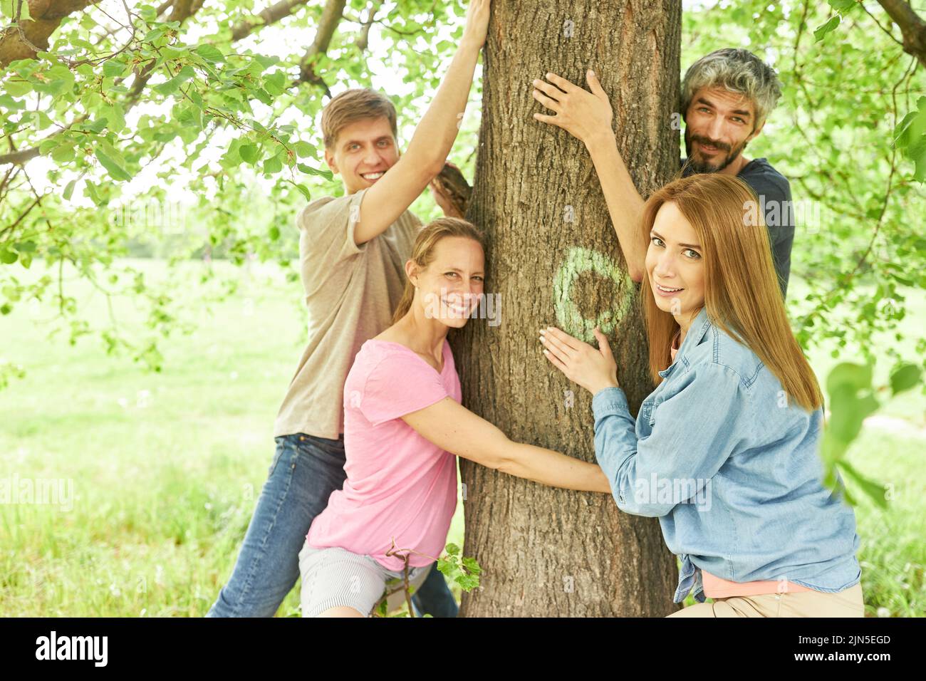 Un grupo de amigos se relajan mientras abrazan un árbol en un paseo por el bosque Foto de stock