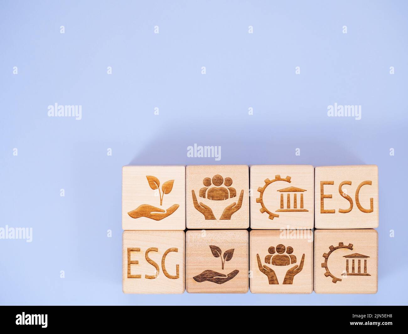 Texto ESG y símbolos en cubos de madera como concepto de conservación ambiental Foto de stock