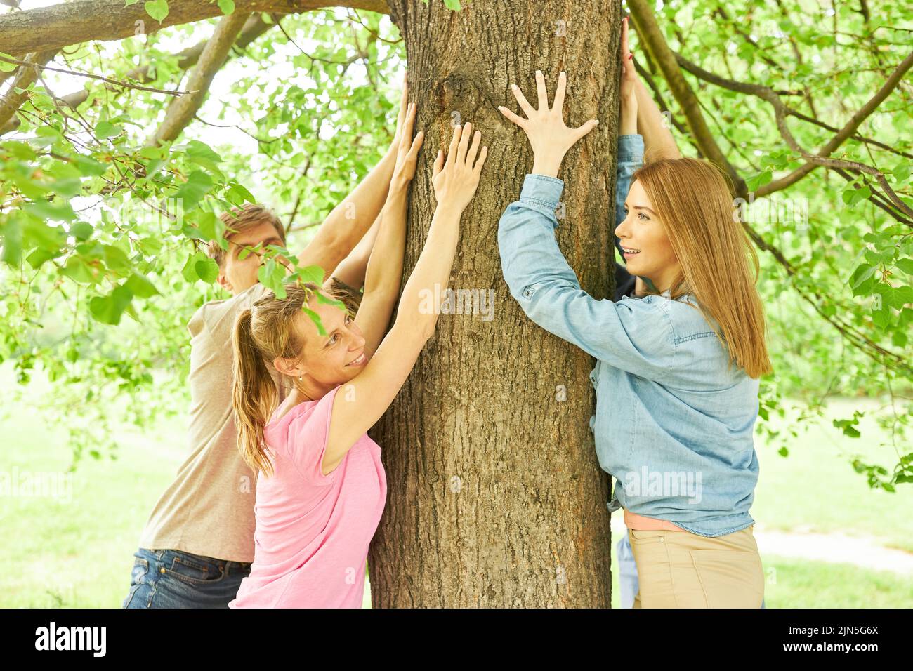 Los jóvenes tocan un árbol y sienten y sienten la relajación como una desaceleración Foto de stock