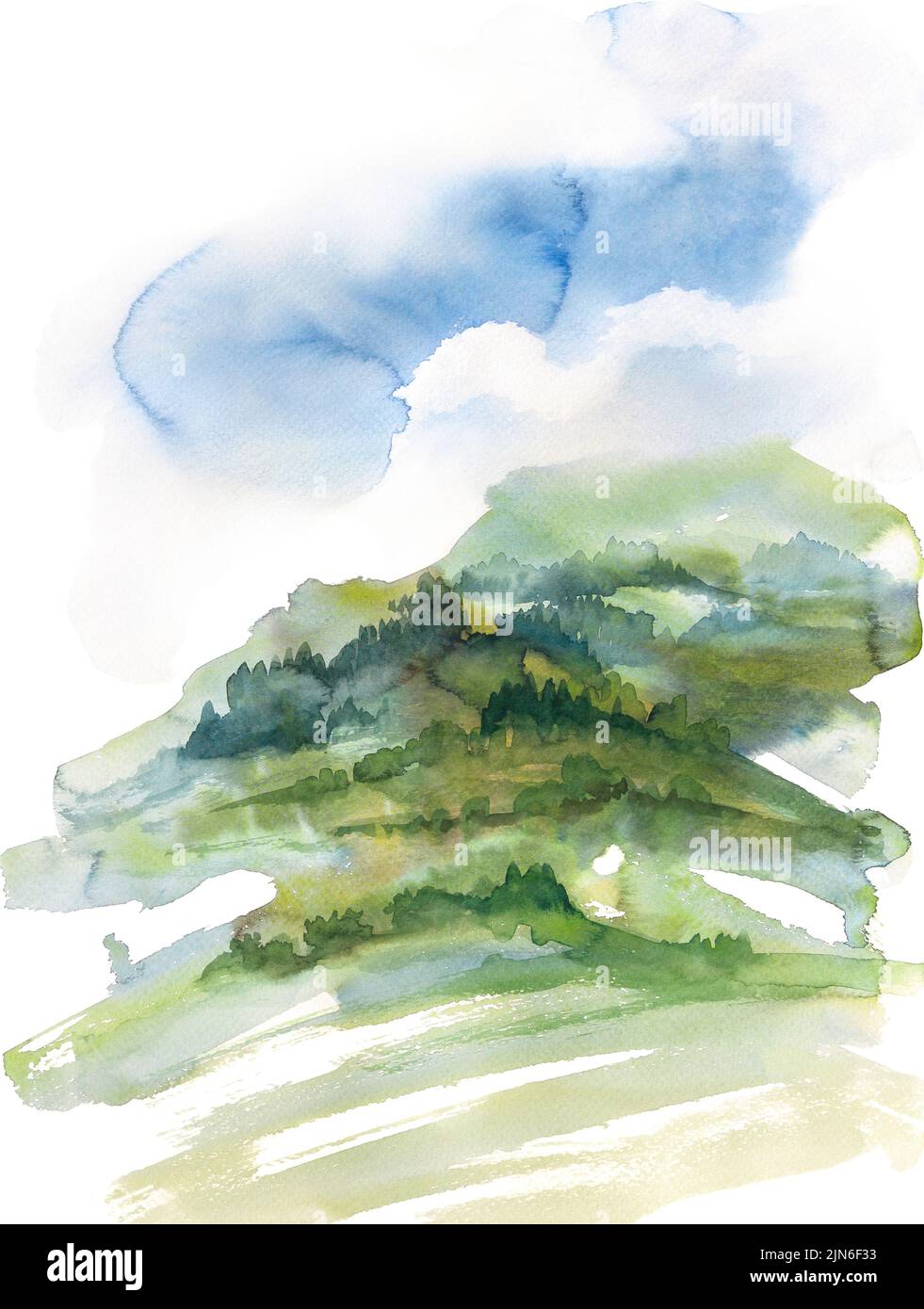 Pintura de acuarela que muestra un paisaje verde montañoso con árboles y arbustos Foto de stock
