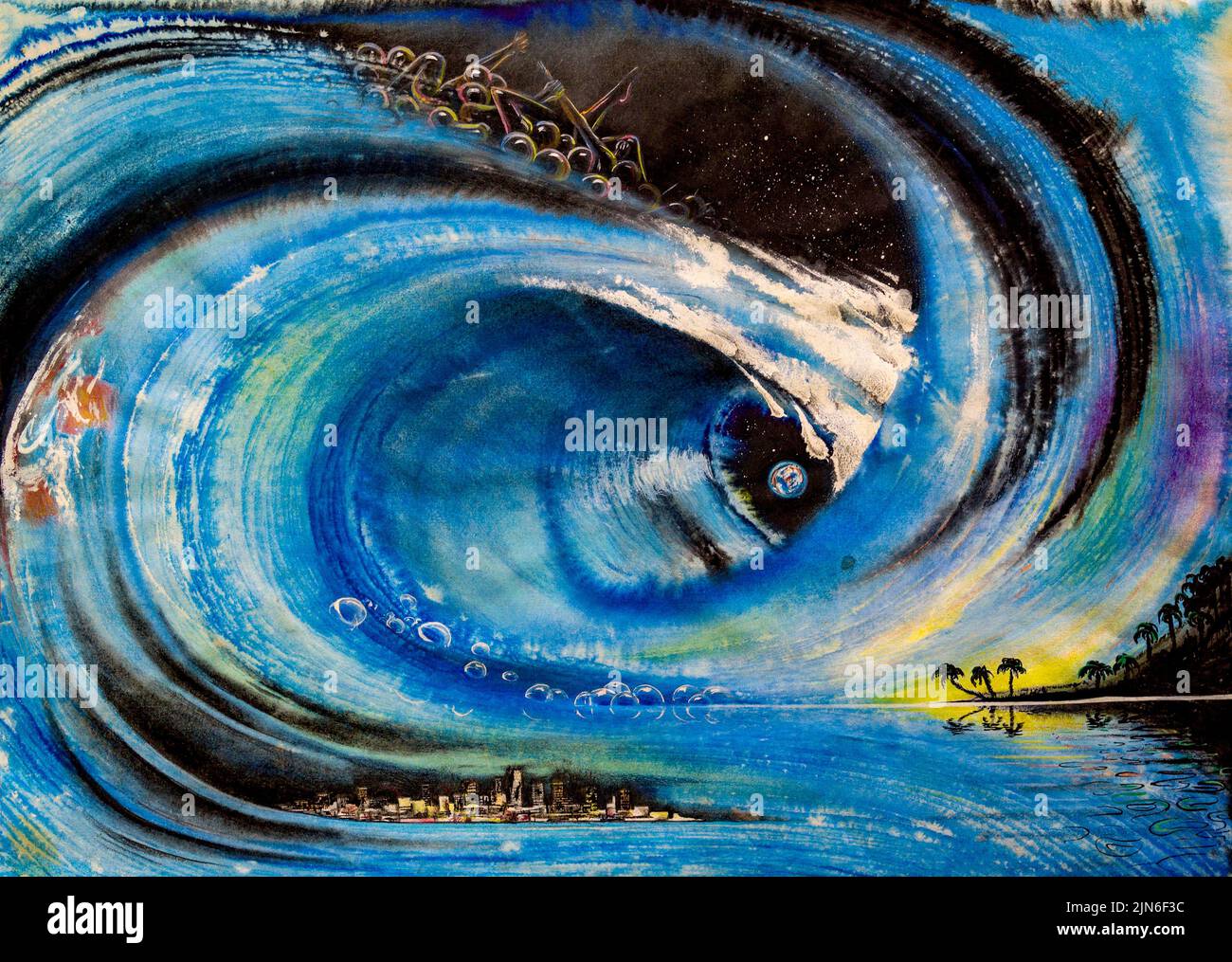 Colorido paisaje surrealista pintado de una enorme ola que conecta varios escenarios Foto de stock