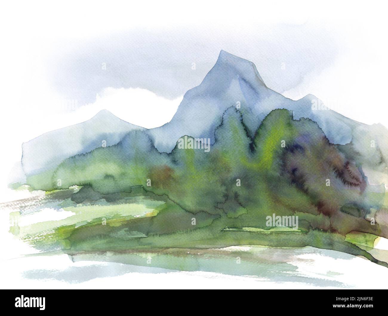 Pintura de acuarela que muestra un paisaje alpino de montaña Foto de stock