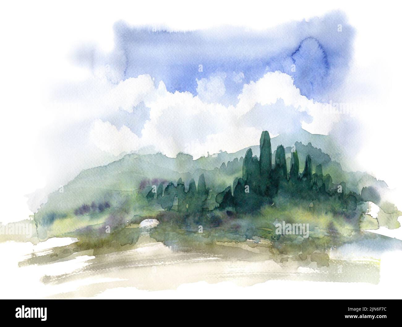 Pintura de acuarela que muestra un paisaje montañoso con árboles y arbustos Foto de stock