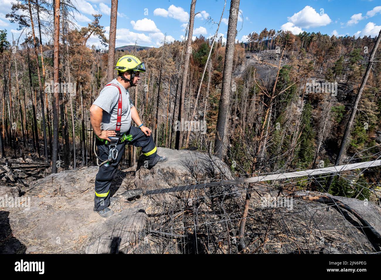 Hrensko, República Checa. 09th de Ago de 2022. Los bosques quemados en el Parque Nacional Ceske Svycarsko (Suiza Checa), República Checa, 9 de agosto de 2022. Un bombero voluntario de Kresice, en la región de Decin, camina por la mina larga sobre el desfiladero de Edmund (Silencio), donde guarda parte de la primera zona que los bomberos entregaron a la administración del parque después de que los bomberos hayan terminado. Crédito: Ondrej Hajek/CTK Photo/Alamy Live News Foto de stock