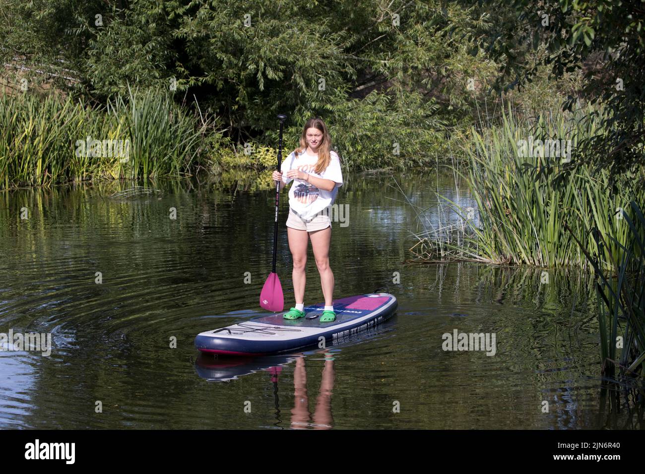 Mujer joven paddleboarding en el río Avon Weston en Avon Warwkickshire Reino Unido Foto de stock