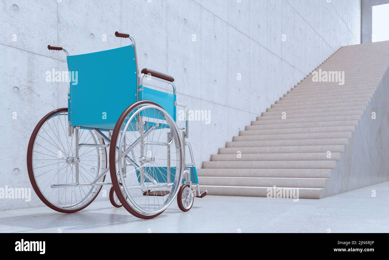 silla de ruedas para discapacitados frente a un largo tramo de escaleras. 3d renderizar Foto de stock