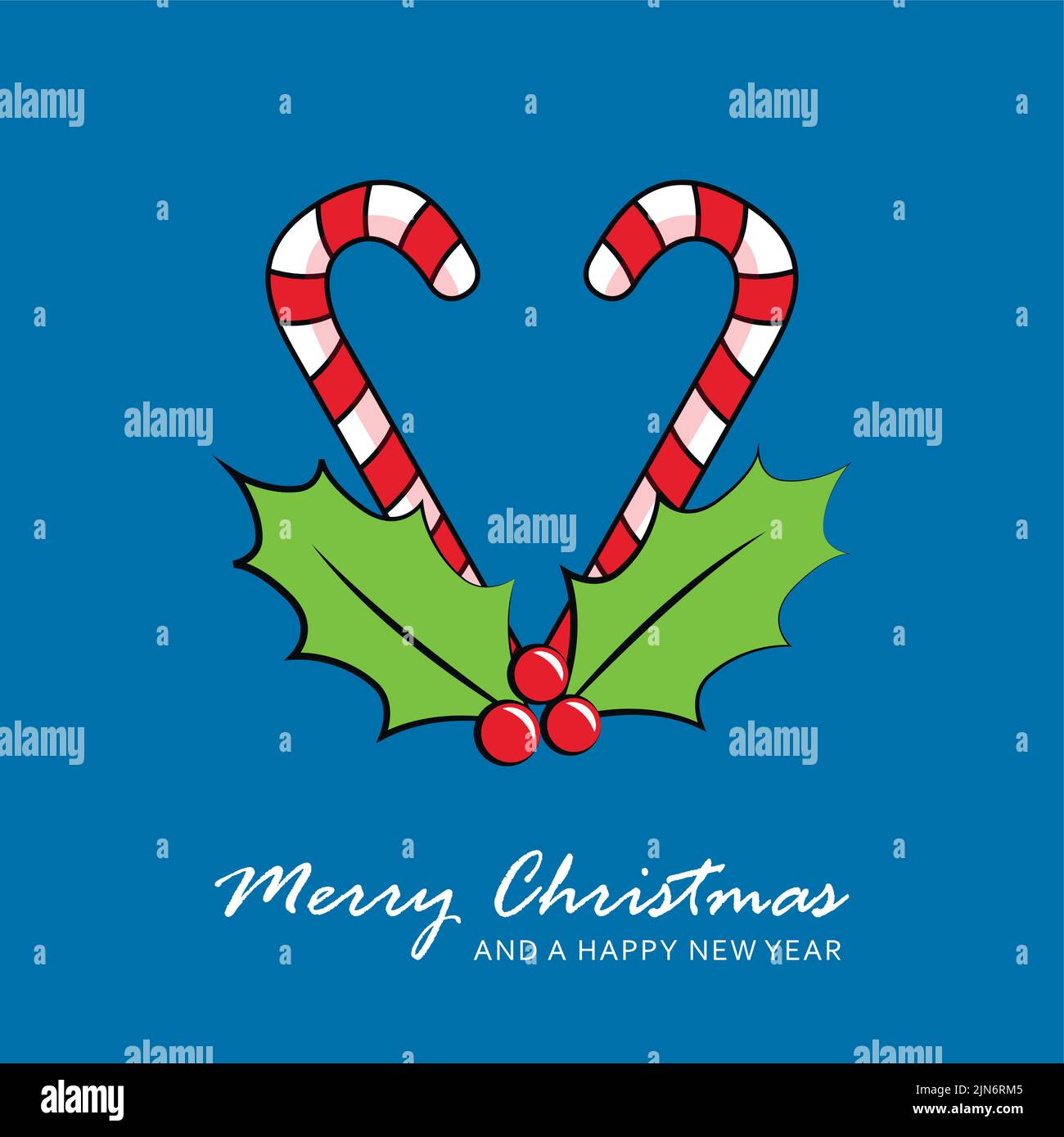 tarjeta azul de navidad con caña de caramelo y acebo Ilustración del Vector