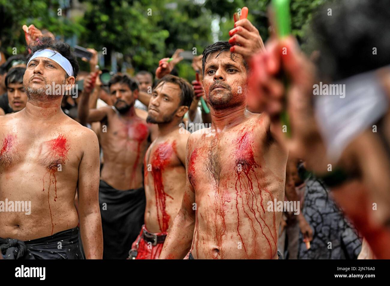 (NOTA DEL EDITOR: La imagen contiene contenido gráfico.) Los musulmanes chiítas cubiertos de sangre golpearon sus pechos y cabezas con hojas durante la procesión de Muharram en Kolkata. Muharram es el primer mes del calendario islámico y Ashura es el décimo día del mes de Muharram en el que se celebra la conmemoración del martirio del imán Hussain, nieto del profeta Mahoma (PBUH), durante la batalla de Karbala. Es parte del duelo por los musulmanes chiítas y un día de ayuno para los musulmanes sunitas que se observa en todo el mundo. Foto de stock