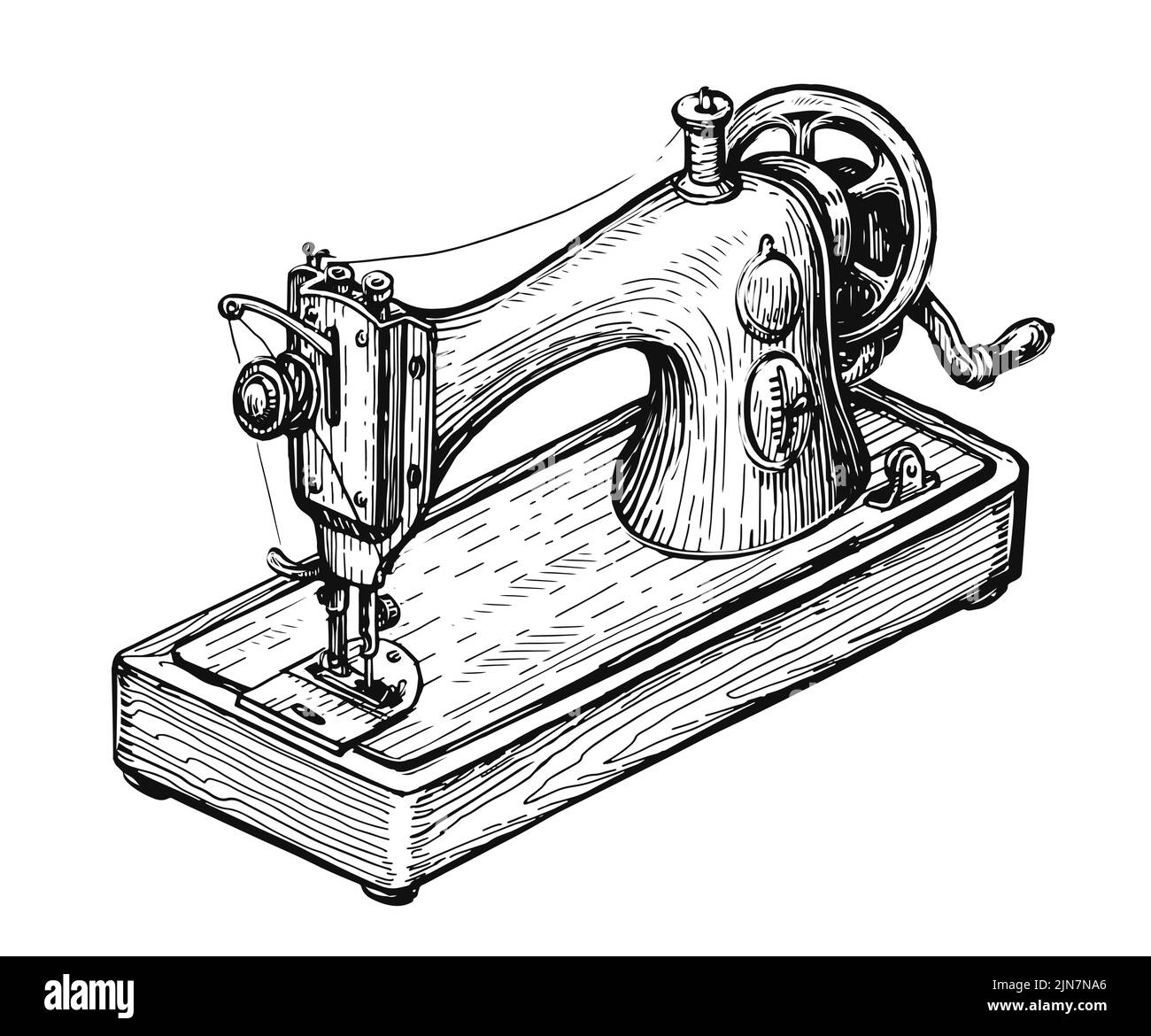 Boceto retro de la máquina de coser. Prendas de punto y costura hechas a mano, concepto de sastrería. Ilustración de vector vintage aislada Ilustración del Vector