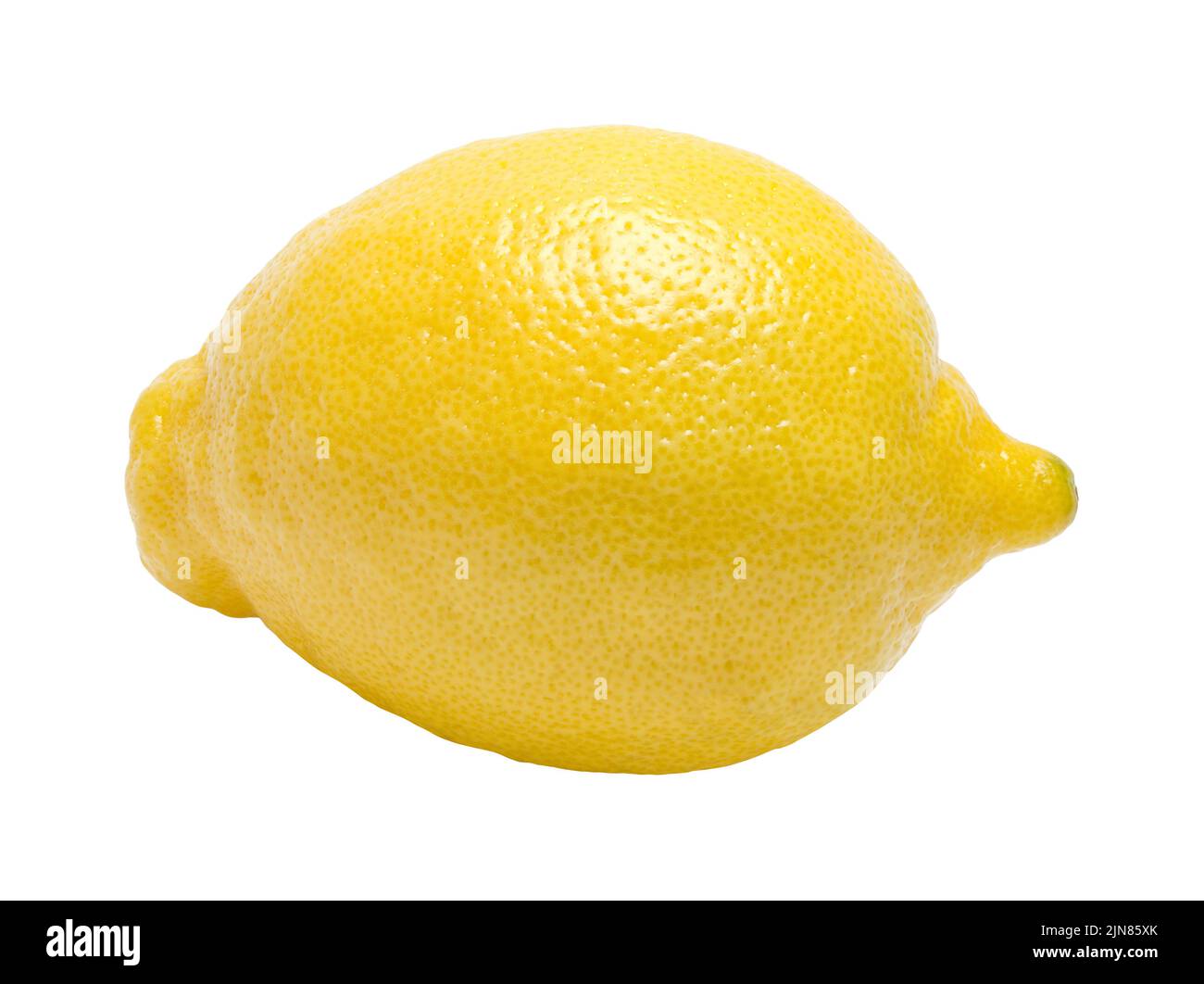 Un solo corte de limón amarillo sobre blanco. Foto de stock