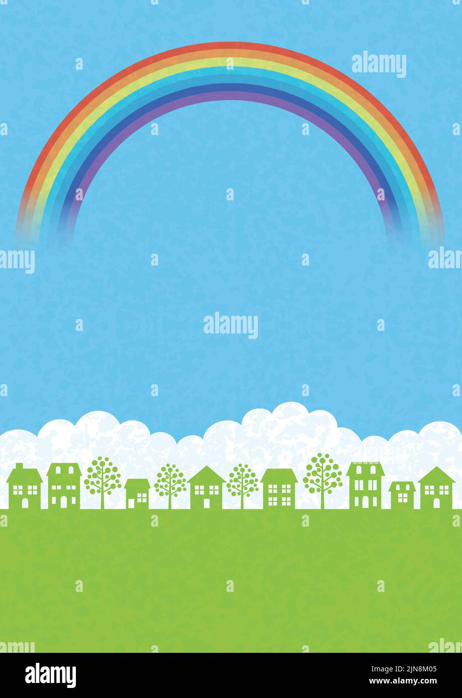 Vector Seamless Townscape con Green Field, White Clouds, Blue Sky, y un Rainbow. Repetible horizontalmente. Ilustración del Vector