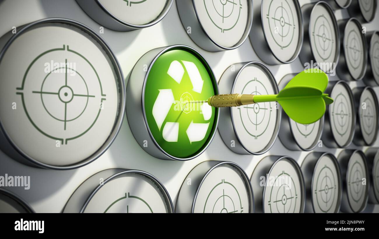 Aguja verde de dardo golpeada en el centro del objetivo con el símbolo de reciclaje. Ilustración 3D. Foto de stock