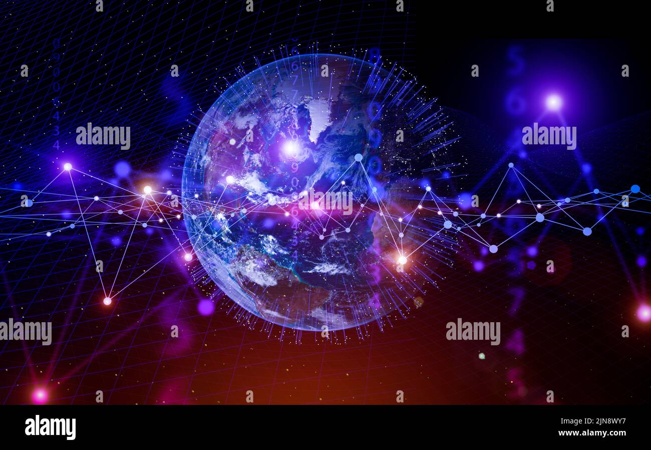 Datos de tecnologías globales en el fondo del banner del mapa mundial. 3D Red de computadoras que cubre el planeta Tierra. 5g, navegación, concepto de internet. Elementos de esta imagen fueron proporcionados por la NASA. Foto de stock