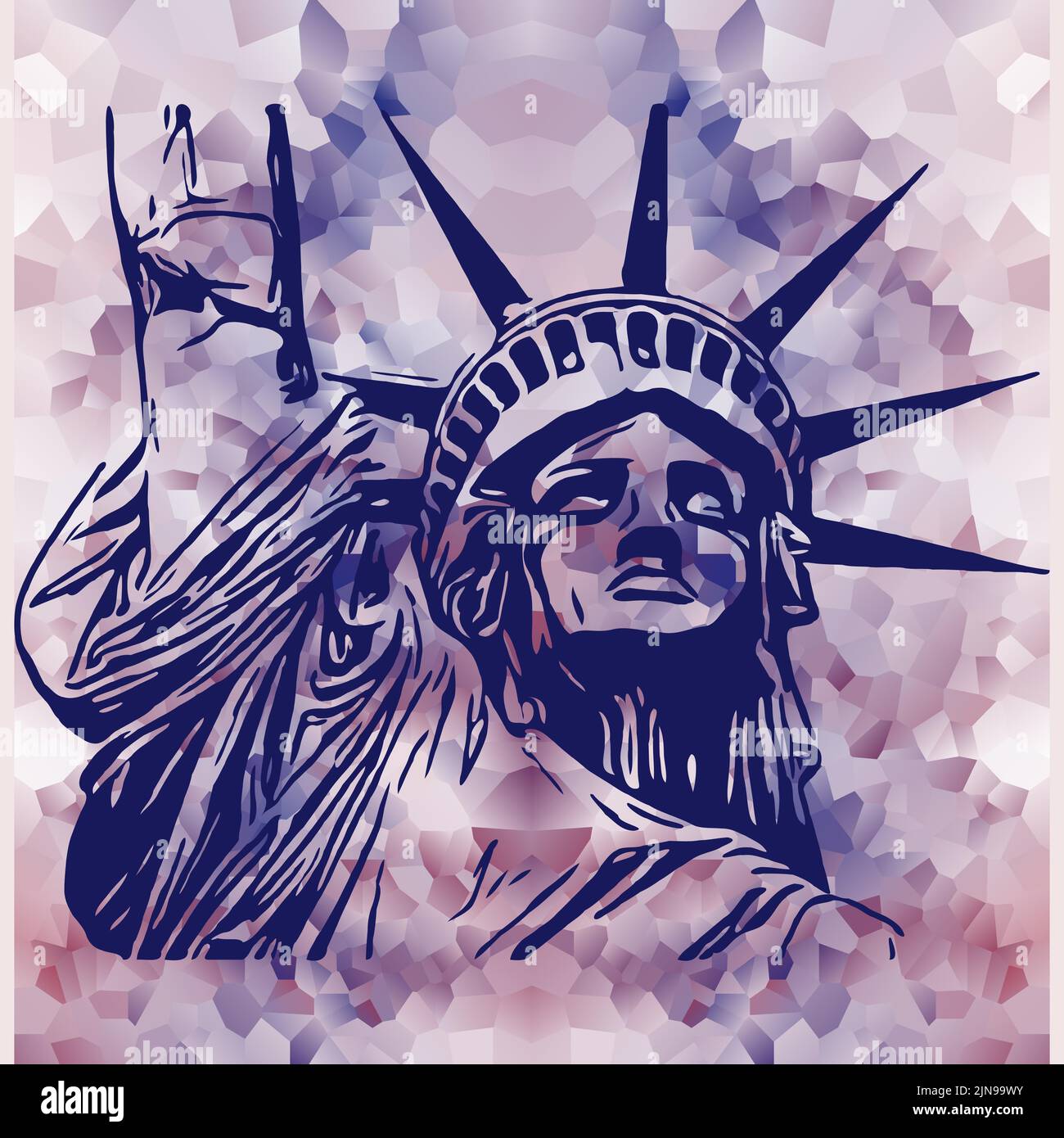 La estatua editable de estilo caricatura Lady Liberty en colores azul y púrpura Ilustración del Vector