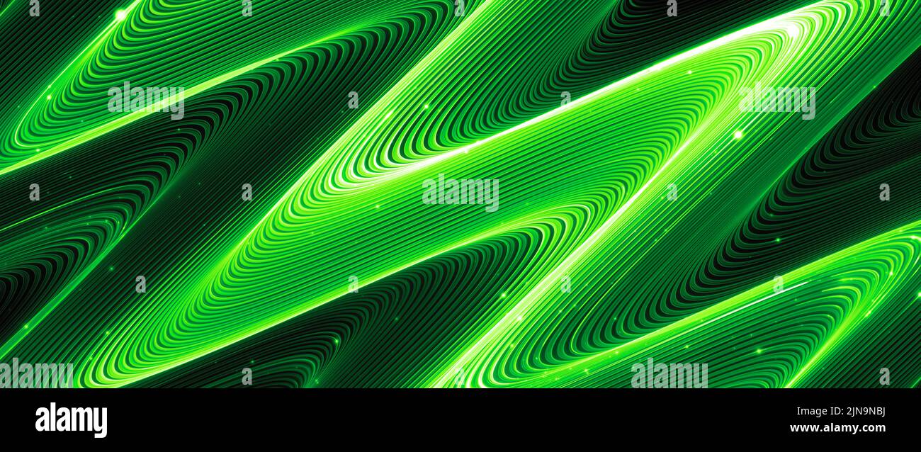 Verde brillante tecnología panorámica ondas, fondo abstracto generado por ordenador, representación 3D Foto de stock