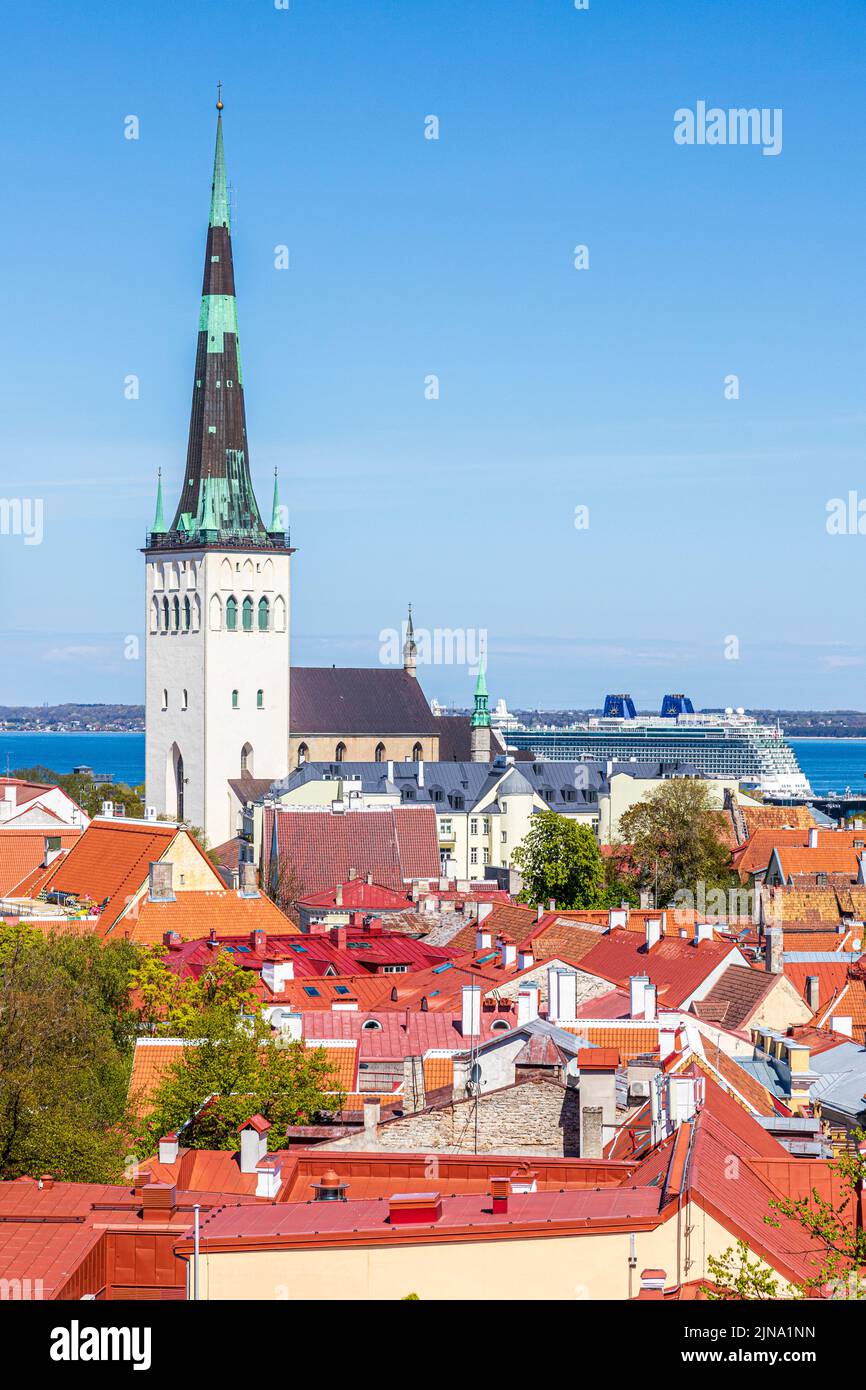 Desde la parte alta de la ciudad, podrá contemplar las torres del casco antiguo con la torre de la iglesia de San Olav, Tallin, Estonia Foto de stock