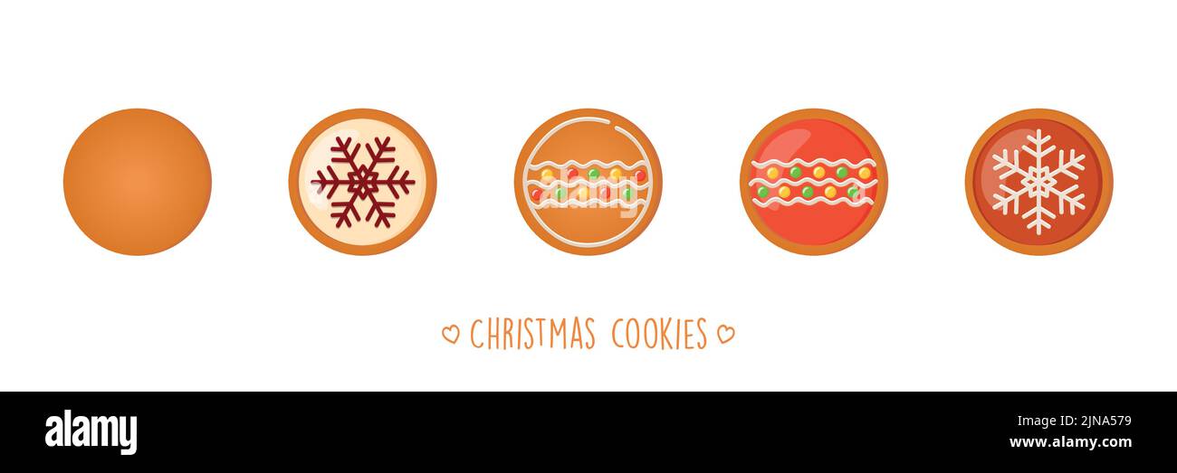 juego de galletas de navidad de pan de jengibre con diferentes bolas de glaseado y azúcar Ilustración del Vector