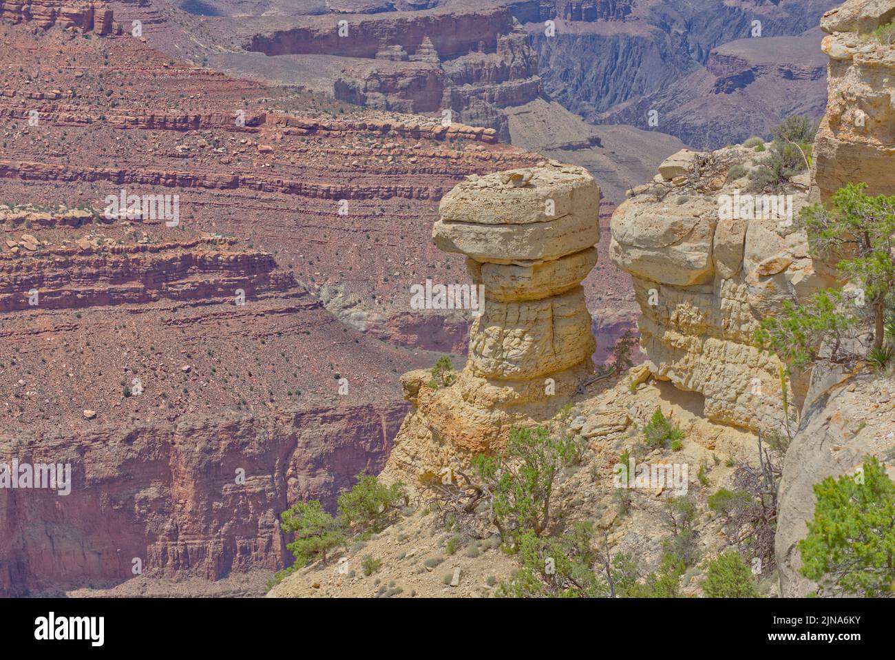 Un pilar de piedra al este de las Twin Views tiene vista al Gran Cañón, Arizona. Foto de stock