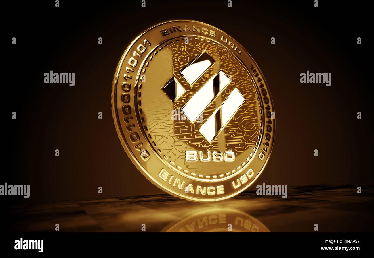 Binance BUSD stablececoin moneda de oro criptomoneda sobre fondo de pantalla verde. Ilustración del concepto abstracto 3D. Foto de stock