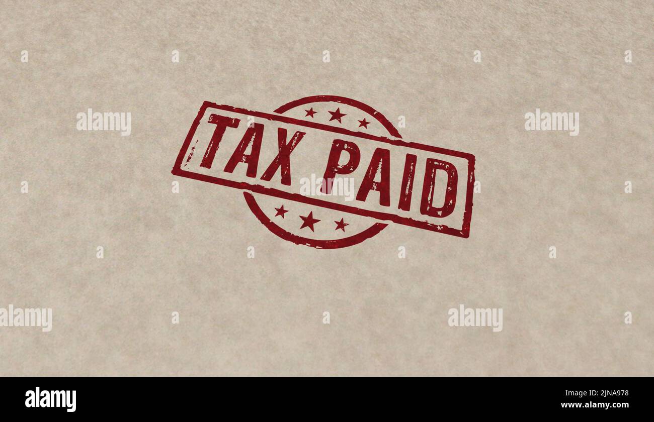 Iconos de sello pagado de impuestos en pocas versiones de color. Concepto de impuestos a las empresas e impuestos sobre la renta 3D, que ilustra. Foto de stock