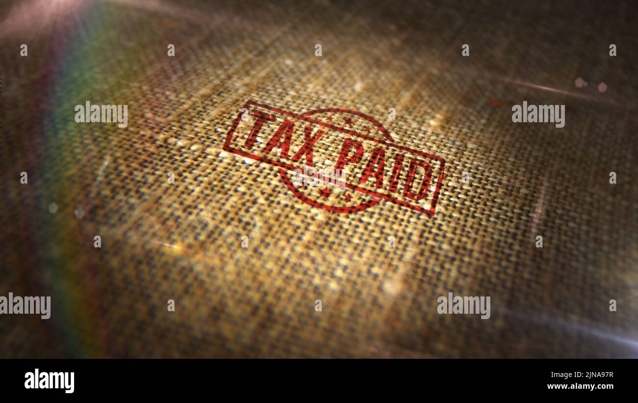 Sello de impuesto pagado impreso en saco de lino. Concepto de impuestos de negocios e impuestos sobre la renta. Foto de stock