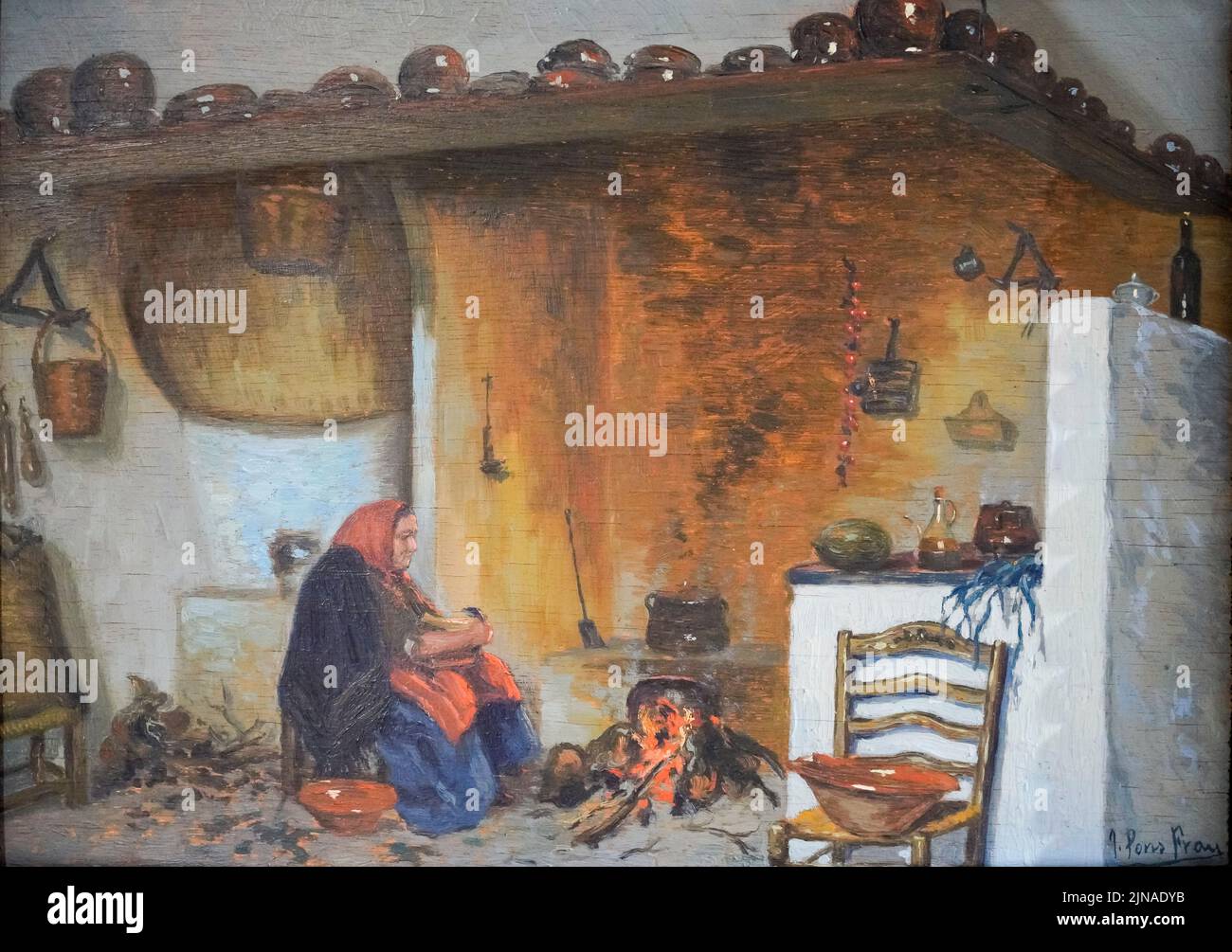 Cuinant a la llamar del foc , Josep Pons Frau, óleo sobre lienzo, Museu de Mallorca, Palma, España Foto de stock