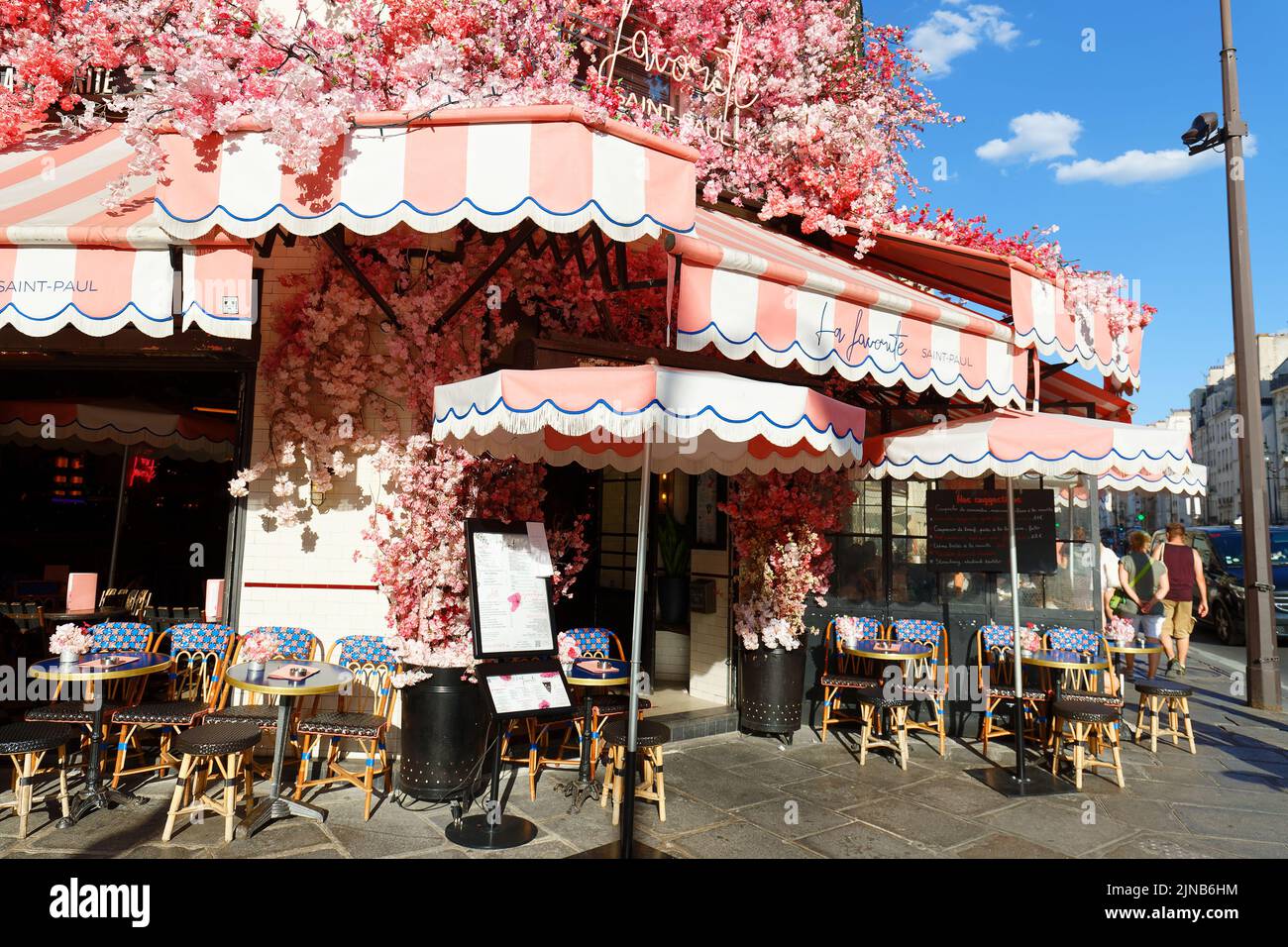 El tradicional café francés favorito decorado con flores. Se encuentra en la famosa calle Rivoli de París, Francia. Foto de stock