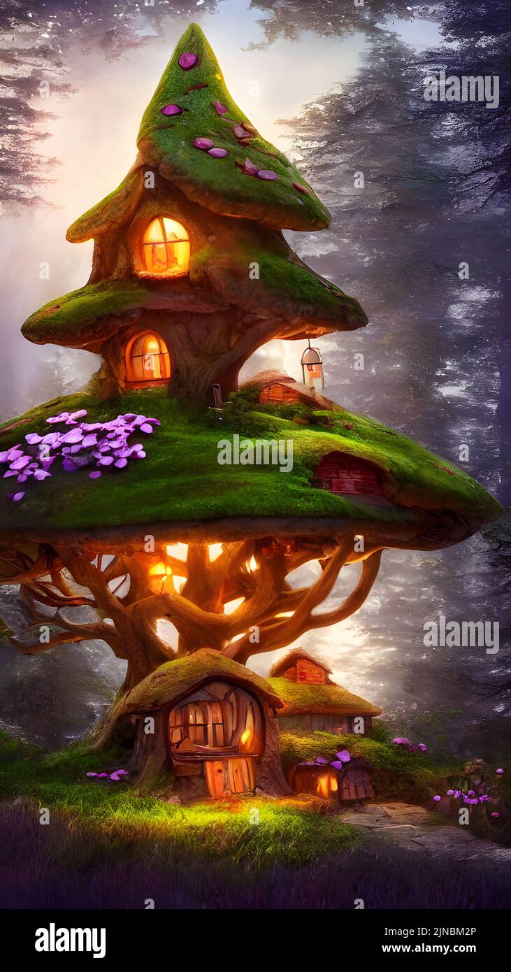 3d rendering de cuento de hadas pequeña choza en forma de un hongo de varios pisos en un bosque mágico Foto de stock