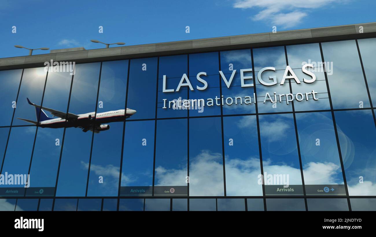 Aterrizaje de aviones en Las Vegas, Nevada, USA 3D ilustración. Llegada a la ciudad con la terminal de cristal del aeropuerto y reflejo de avión a reacción. Foto de stock