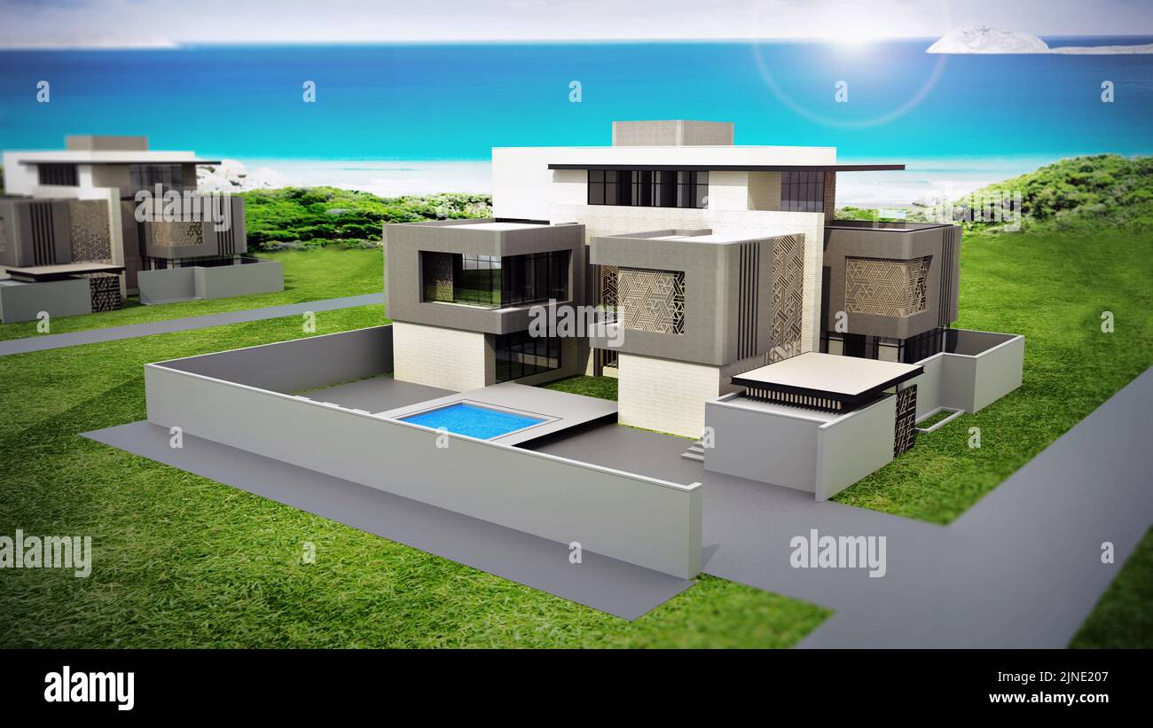 3D ilustración de una lujosa villa con una bonita vista al mar. Ilustración 3D. Foto de stock