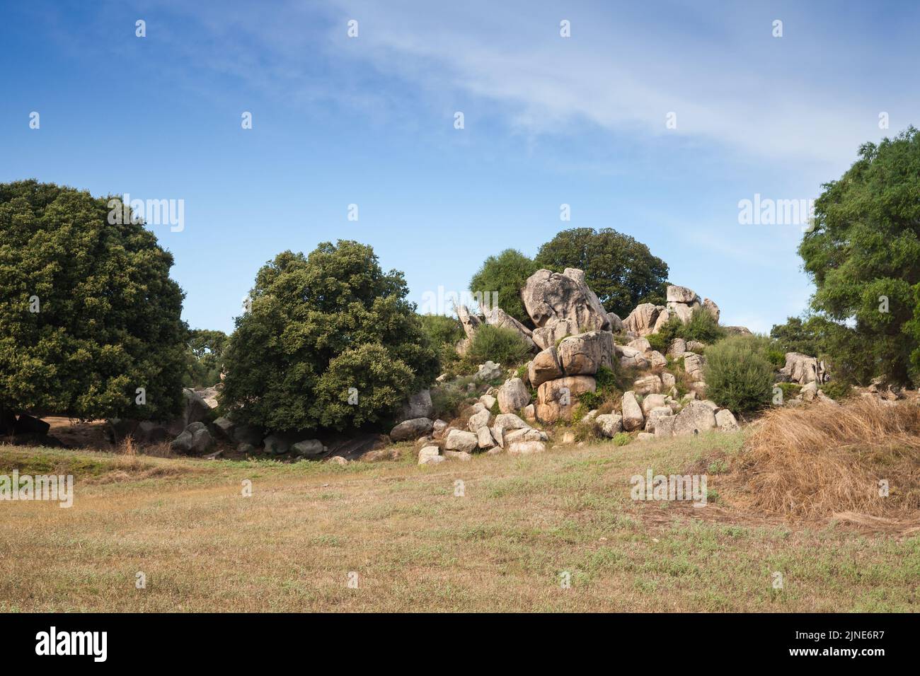 Verano paisaje foto con rocas de Filitosa, sitio megalítico de Córcega, Francia Foto de stock