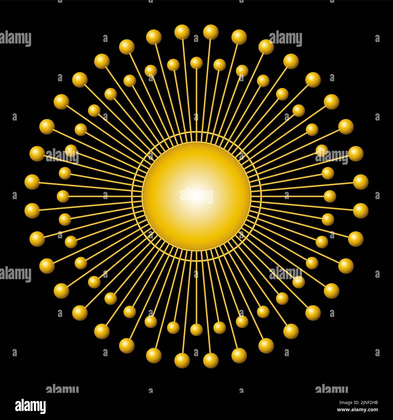 Símbolo de sol dorado. Disco solar con 72 rayos de luz, con esferas en cada extremo, alrededor de un círculo dorado en el centro. Foto de stock