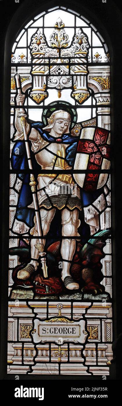 Vitral por Percy Bacon & Brothers representando a San Jorge y el Dragón, Iglesia de Todos los Santos, Northampton, Northamptonshire Foto de stock