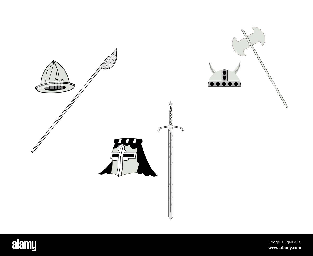 Conjunto de armas medievales: Cascos, espada y hachas Ilustración del Vector
