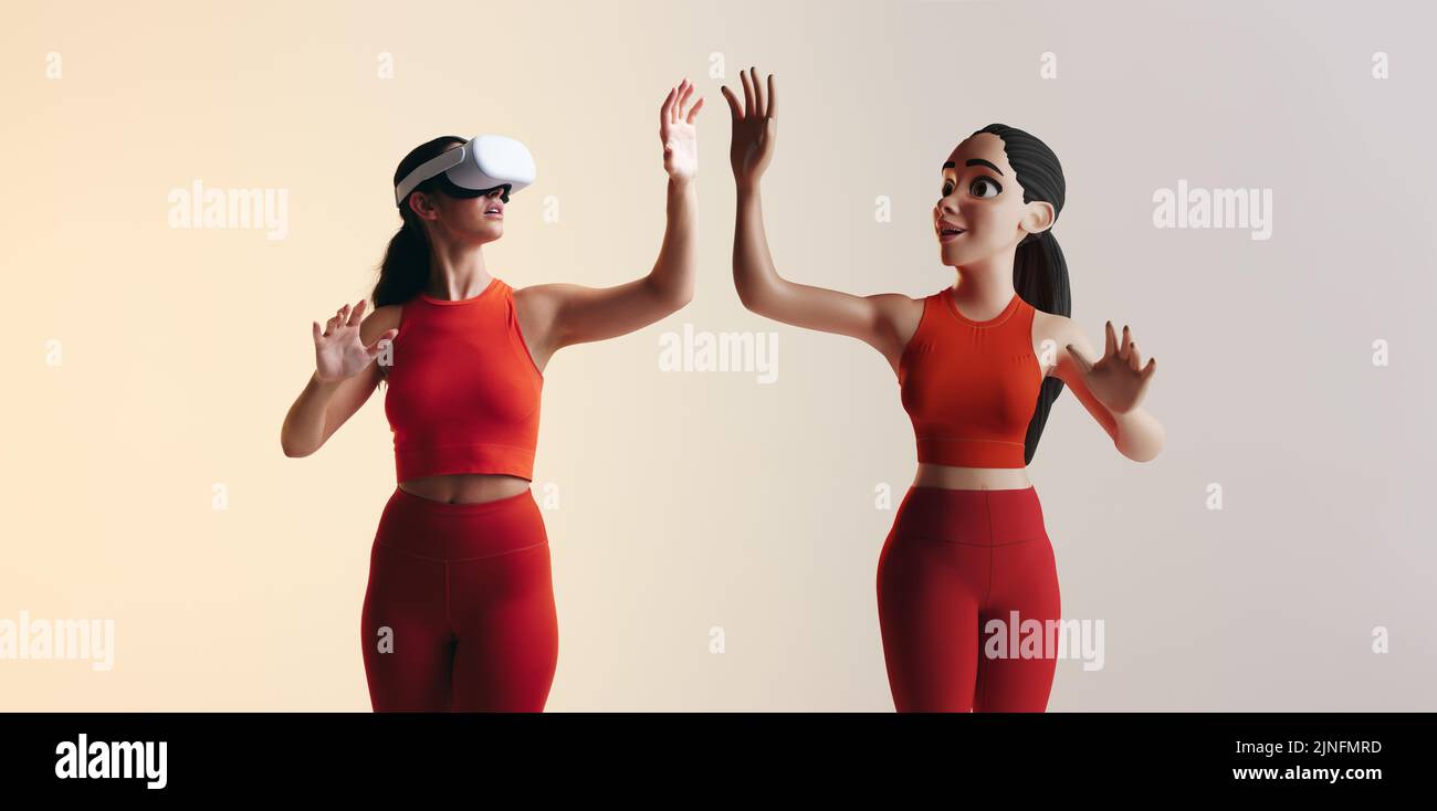 Entrar en el metaverso. Mujer joven deportiva jugando juegos de realidad virtual como avatar 3D. Mujer joven interactuando con tecnología inmersiva mediante un Foto de stock