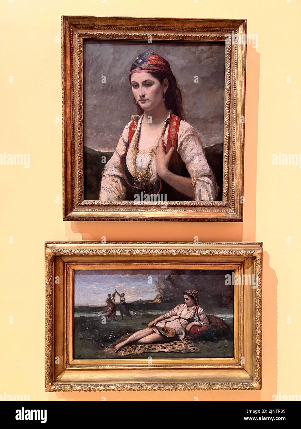Pinturas de Jean-Baptiste-Camille Corot, francés, 1796-1875. La Joven de Albeno, 1872 (arriba), la Joven de Esparta, 1868-70 (abajo). Museo Brookklyn Foto de stock