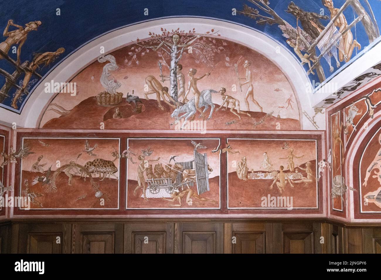Pintura mural, 'Las Estaciones del Año' por Petras Repsys - de la mitología y la historia del Báltico, Universidad de Vilnius, Vilnius Lituania Europa Foto de stock