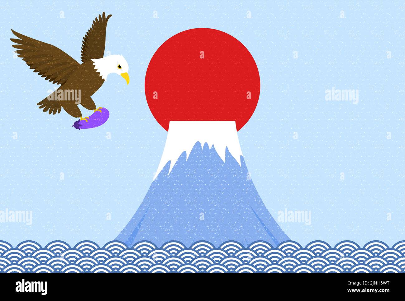 Ilustración de una tarjeta de Año Nuevo en la que un halcón agarra berenjena y vuela sobre el telón de fondo del Monte Fuji Ilustración del Vector
