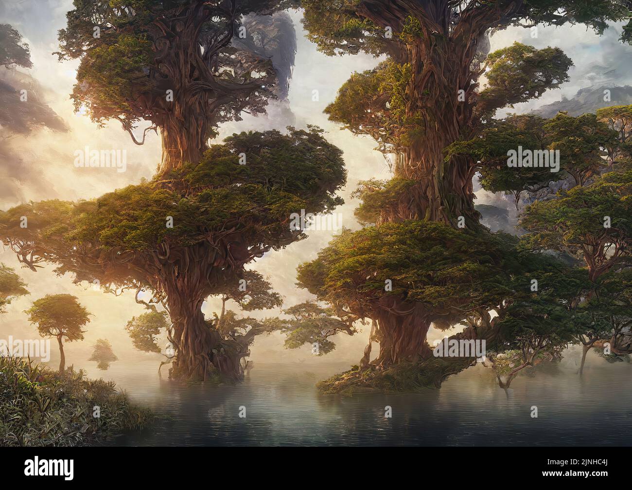 3d rendering de la tierra surrealista hermosa de la fantasía con árboles gigantes que crecen en el medio del lago rodeado de montañas Foto de stock