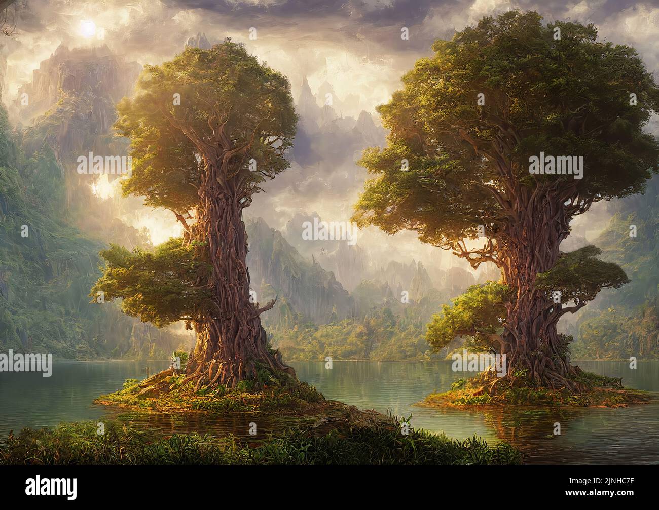 3d rendering de la tierra surrealista hermosa de la fantasía con árboles gigantes que crecen en el medio del lago rodeado de montañas Foto de stock