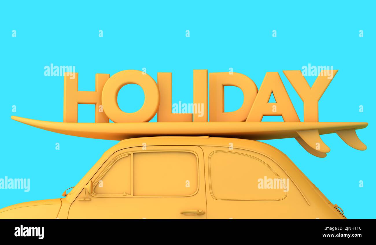 Coche retro vintage con una tabla de surf en el techo y la palabra Holiday. Viaje por carretera vacaciones de fondo. Renderizado 3D Foto de stock